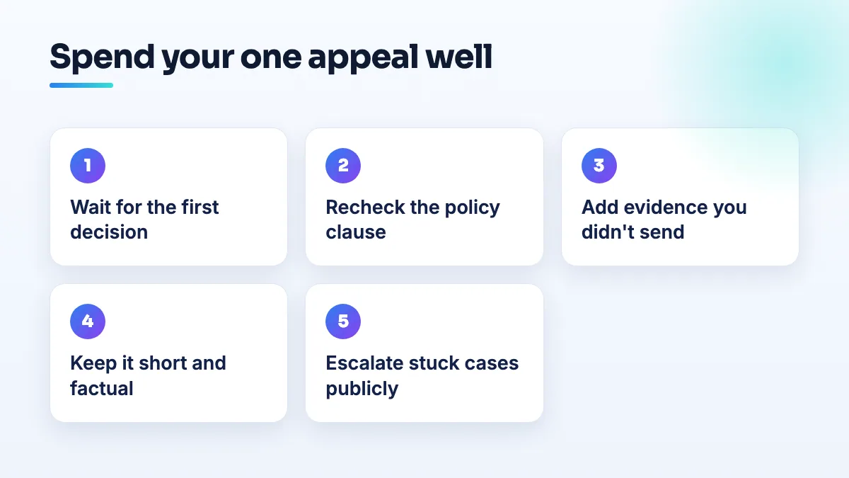 Steps for a Google review appeal: wait for the first decision, recheck the policy clause, add new evidence, keep it factual, then escalate a stuck case in the Help Community.