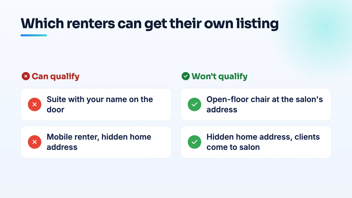 Comparison of renter setups: a private suite with your name on the door or a mobile service area can get a listing; an open-floor chair or the host's address cannot.