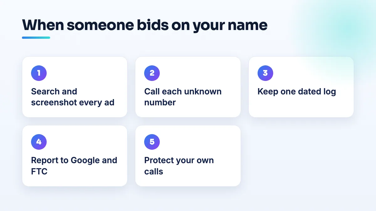 Steps for a treatment center when a competitor bids on its name: search and screenshot the ads, call the numbers, keep a dated log, report to Google and the FTC, and protect your own calls.