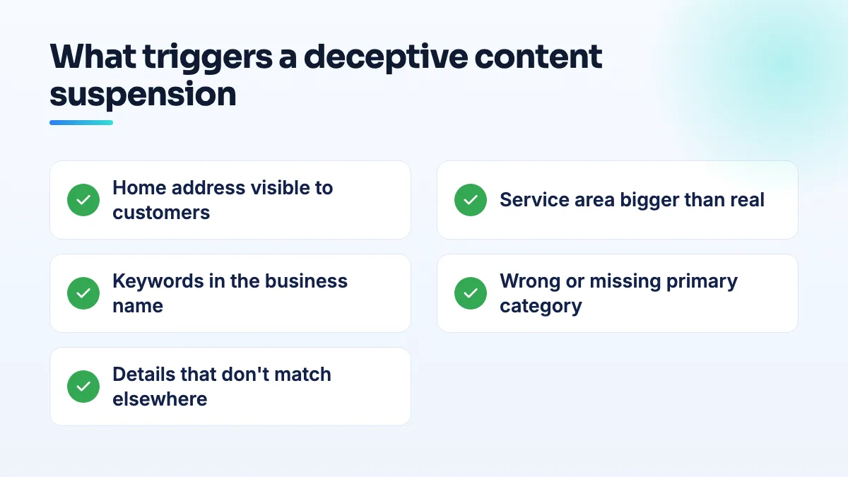 Checklist of the five settings behind most deceptive content suspensions: a visible home address, an oversized service area, a keyword-stuffed name, a wrong or missing category, and details that don't match elsewhere.