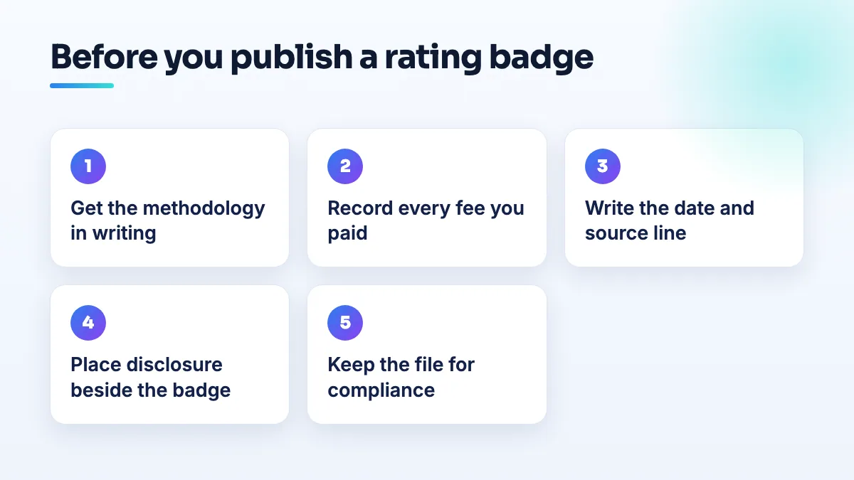 Five steps before an advisor shows a rating badge: get the methodology, record any fee paid, write the date and source disclosure, place it next to the badge, keep the file.