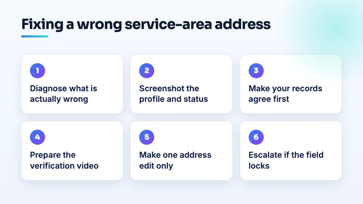 Six steps to fix a wrong address or pin on a service-area profile: diagnose the problem, screenshot, align records, prepare the video, make one edit, escalate if the field locks.
