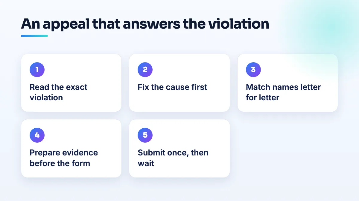 Preparing a Google Business Profile appeal that answers the violation Steps for a Google Business Profile appeal: read the exact violation, fix the cause first, match names and addresses letter for letter, prepare the evidence folder before the timed form, submit once.
