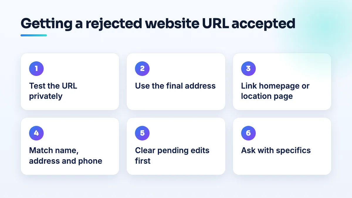 Six steps after a Google Business Profile website URL is rejected: test the link, use the final address, link your own page, match your details, clear pending edits, ask support with evidence.