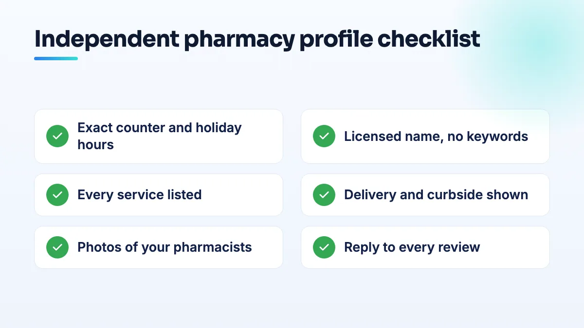 Checklist for independent pharmacy Google Maps visibility: exact counter and holiday hours, the licensed name without keywords, every service listed, delivery shown, staff photos, replies to every review.