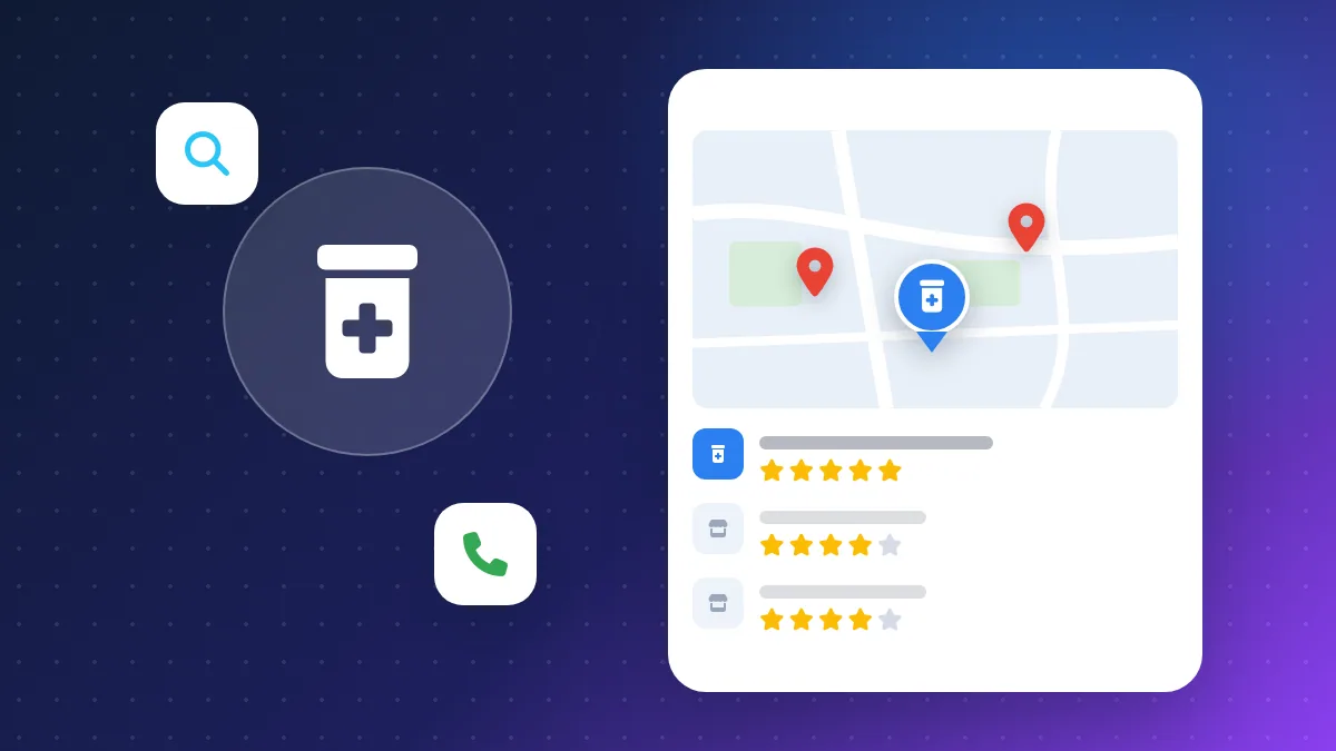 A friendly independent pharmacy counter with a pharmacist helping a patient, next to a phone showing the pharmacy on Google Maps