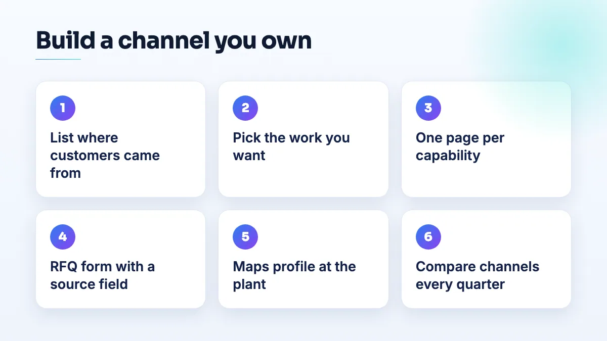 Six steps for a job shop to win its own customers: list sources, pick target work, one page per capability, RFQ form with a source field, Maps profile, quarterly review.