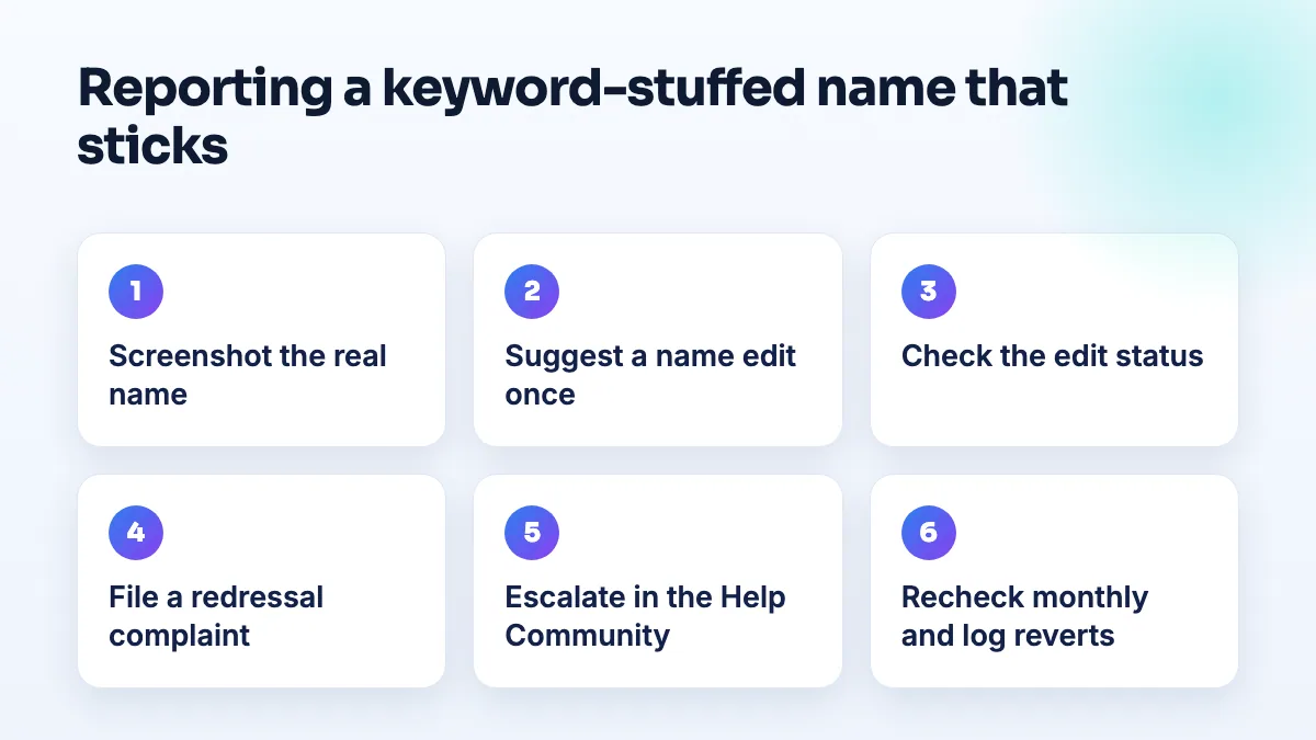 How to report a keyword-stuffed business name that sticks Steps to fix a keyword-stuffed competitor name on Google Maps: screenshot the real name, suggest a name edit, check the status, file a redressal complaint, escalate in the Help Community, recheck monthly.