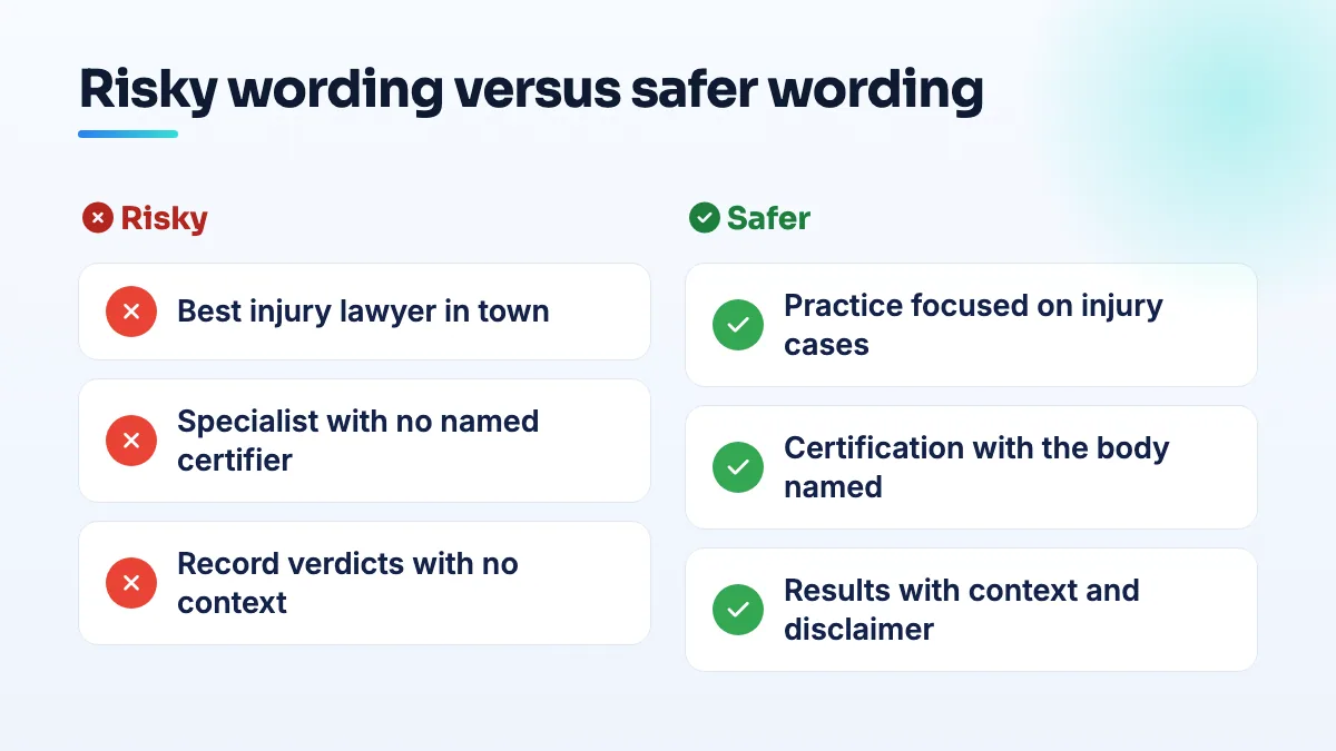 Comparison of law firm website wording: best lawyer in town, specialist with no named certifier and record verdicts without context are risky; practice focus, named certification and results with context are safer.