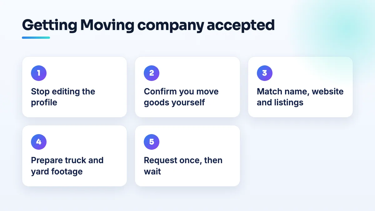 Five steps when Google rejects Moving company as a primary category: stop editing, confirm you move goods yourself, match name and website, prepare truck and yard evidence, request once and wait.