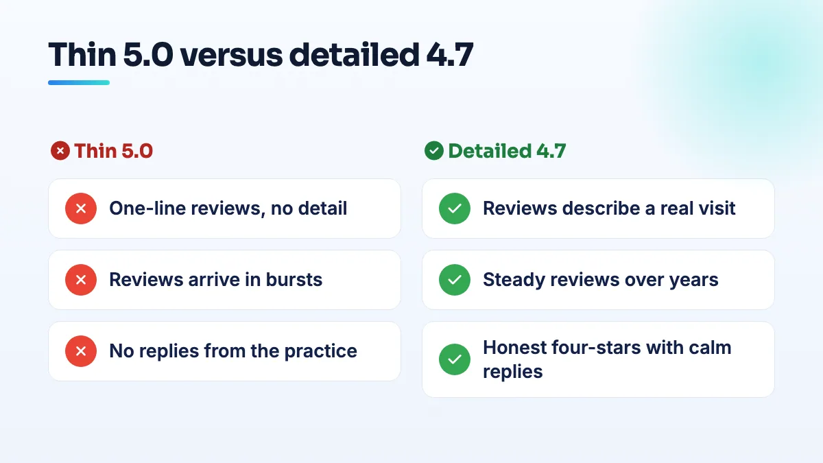 Thin perfect rating versus detailed 4.7 rating Comparison of review profiles: a thin 5.0 has one-line reviews, bursts and no replies; a detailed 4.7 has specific visits, steady dates, honest four-stars and replies.