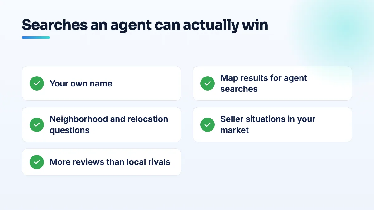 Checklist of searches an agent can win when portals own homes for sale results: your own name, map results for agent searches, neighborhood questions, seller situations, and reviews that out-number local rivals.