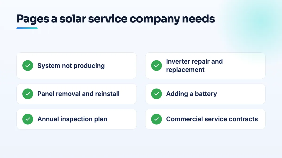Checklist of service pages for a solar repair company: system not producing, inverter repair, removal and reinstall, adding a battery, annual inspections, commercial service contracts.