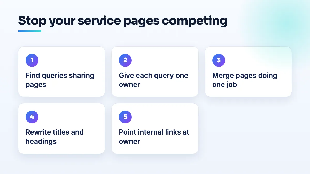 Five steps to fix keyword cannibalization on service pages: find shared queries, give each page one job, merge true duplicates, rewrite titles and headings, point internal links at the owner.
