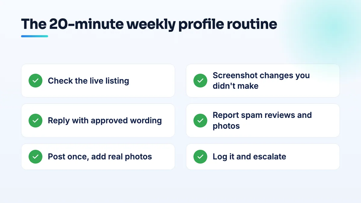Weekly Google Business Profile checklist for front-desk staff: check the live listing, reply to new reviews, report spam, publish one post, add real photos, log and escalate.