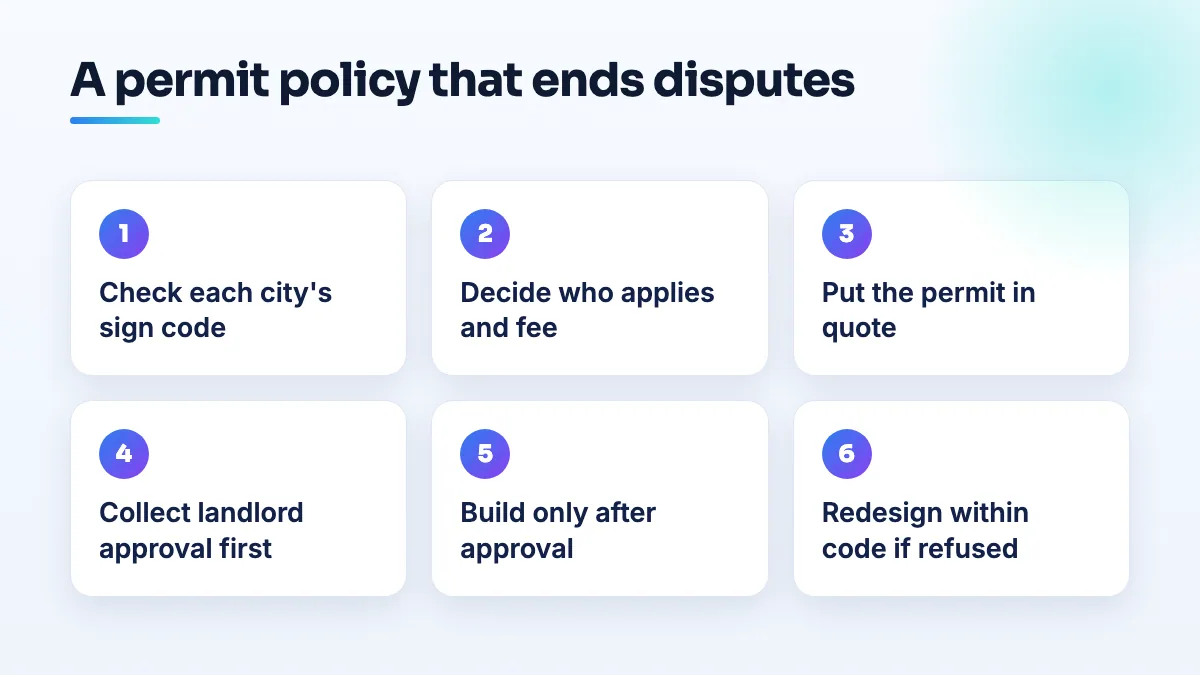 A sign shop's permit policy in six steps Six steps for a sign shop permit policy: check the city sign code, set who applies and the fee, put it in the quote, get landlord approval, build after approval, redesign if refused.