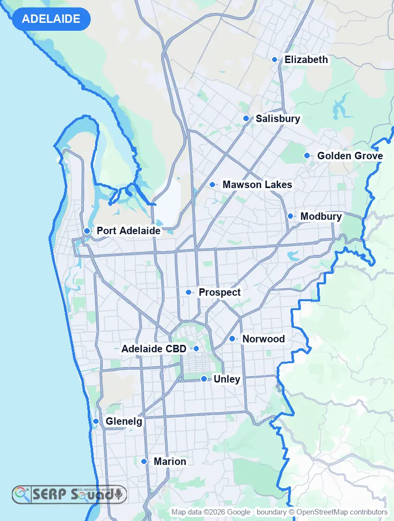 Map of Adelaide, Australia, marking the 12 cities where we run local SEO campaigns