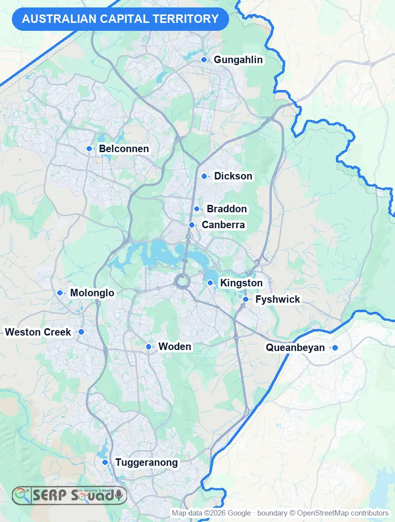 Map of Australian Capital Territory, Australia, marking the 12 cities where we run local SEO campaigns