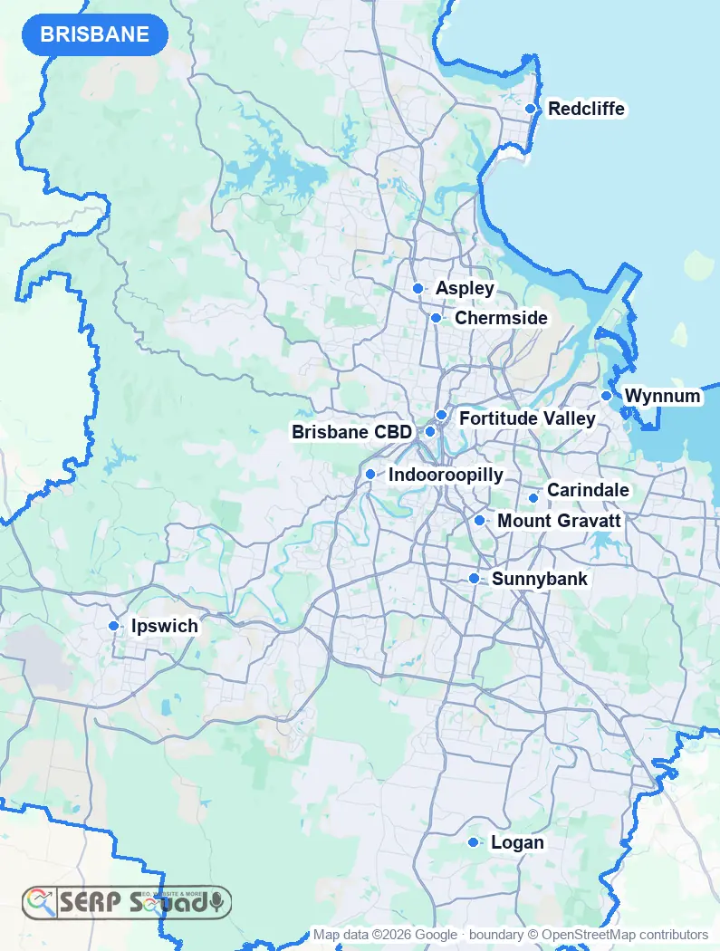 Map of Brisbane, Australia, marking the 12 cities where we run local SEO campaigns