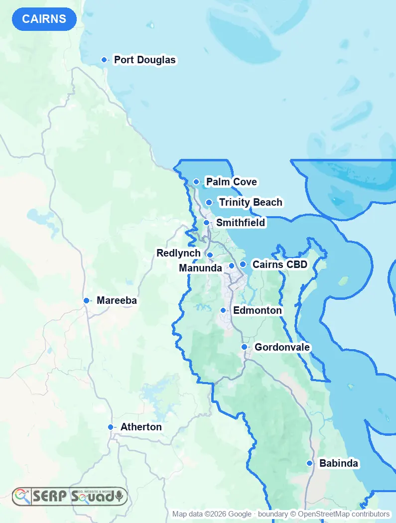 Map of Cairns, Australia, marking the 12 cities where we run local SEO campaigns