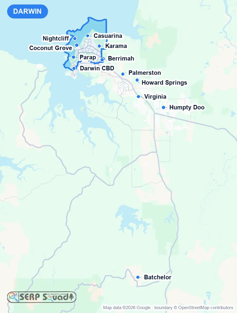 Map of Darwin, Australia, marking the 12 cities where we run local SEO campaigns