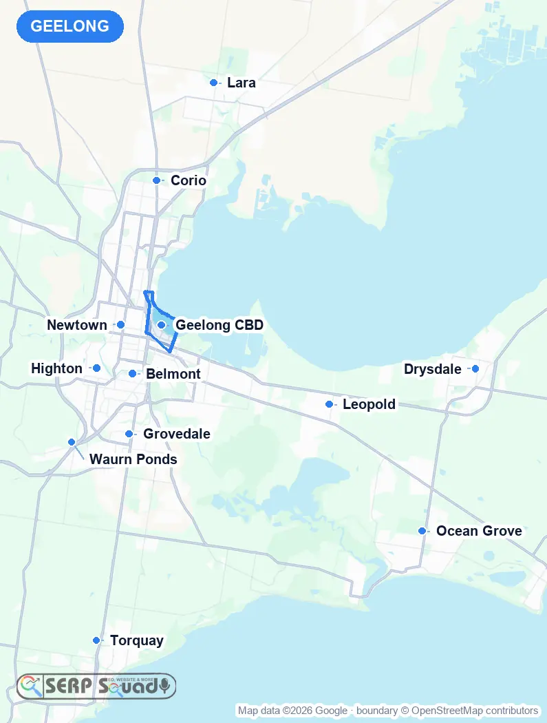 Map of Geelong, Australia, marking the 12 cities where we run local SEO campaigns