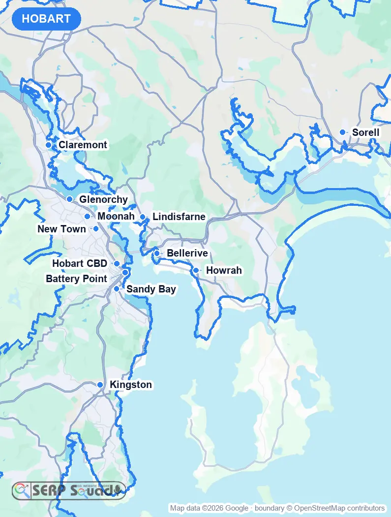 Map of Hobart, Australia, marking the 12 cities where we run local SEO campaigns