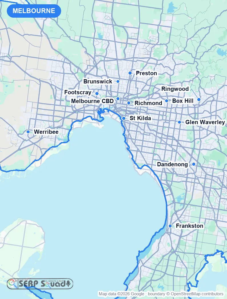 Map of Melbourne, Australia, marking the 12 cities where we run local SEO campaigns