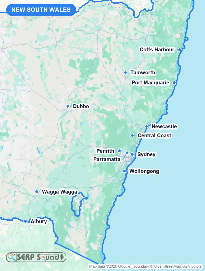 Map of New South Wales, Australia, marking the 12 cities where we run local SEO campaigns