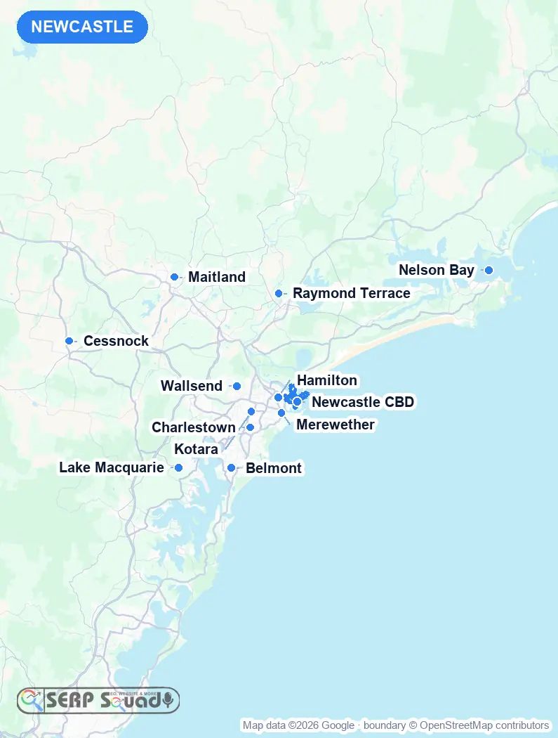 Map of Newcastle, Australia, marking the 12 cities where we run local SEO campaigns