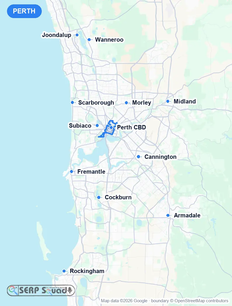 Map of Perth, Australia, marking the 12 cities where we run local SEO campaigns
