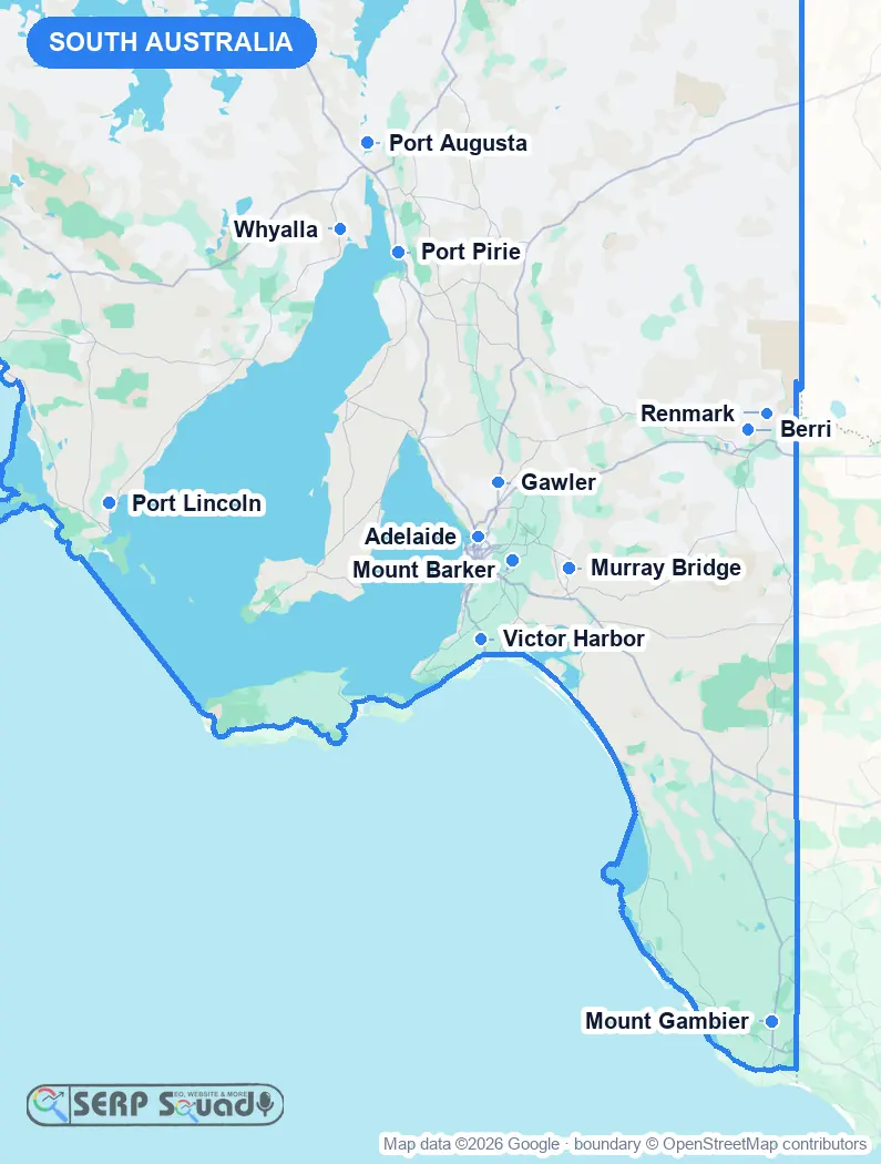 Map of South Australia, Australia, marking the 12 cities where we run local SEO campaigns