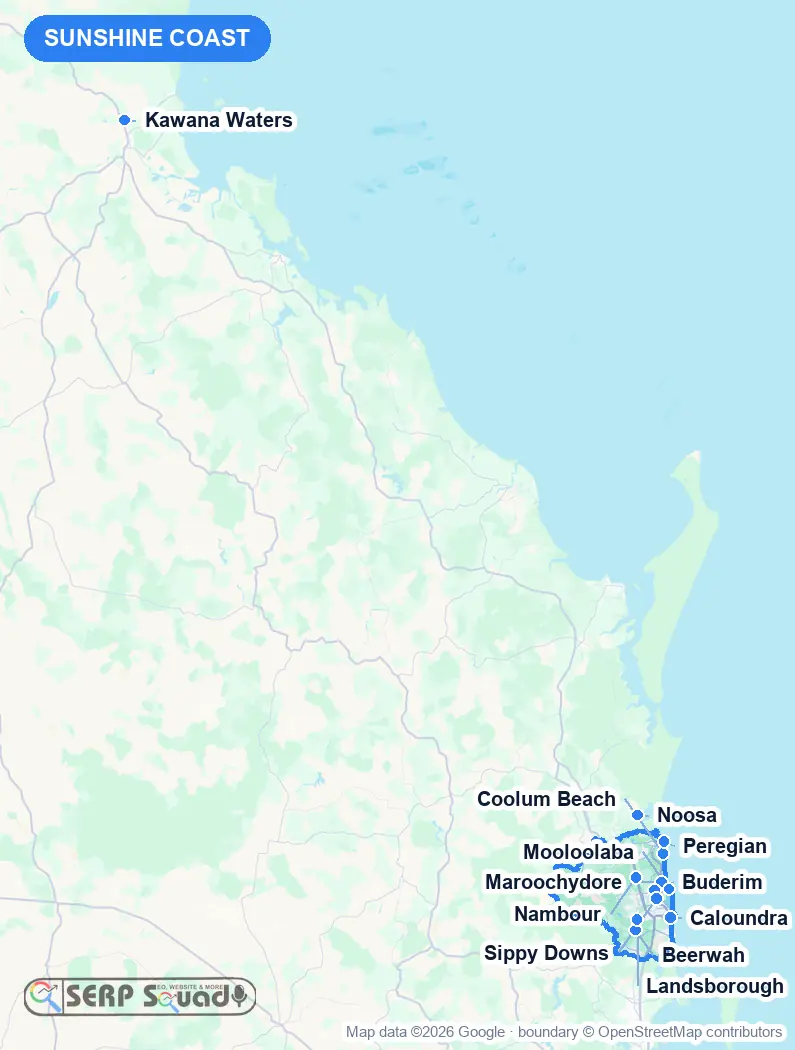 Map of Sunshine Coast, Australia, marking the 12 cities where we run local SEO campaigns