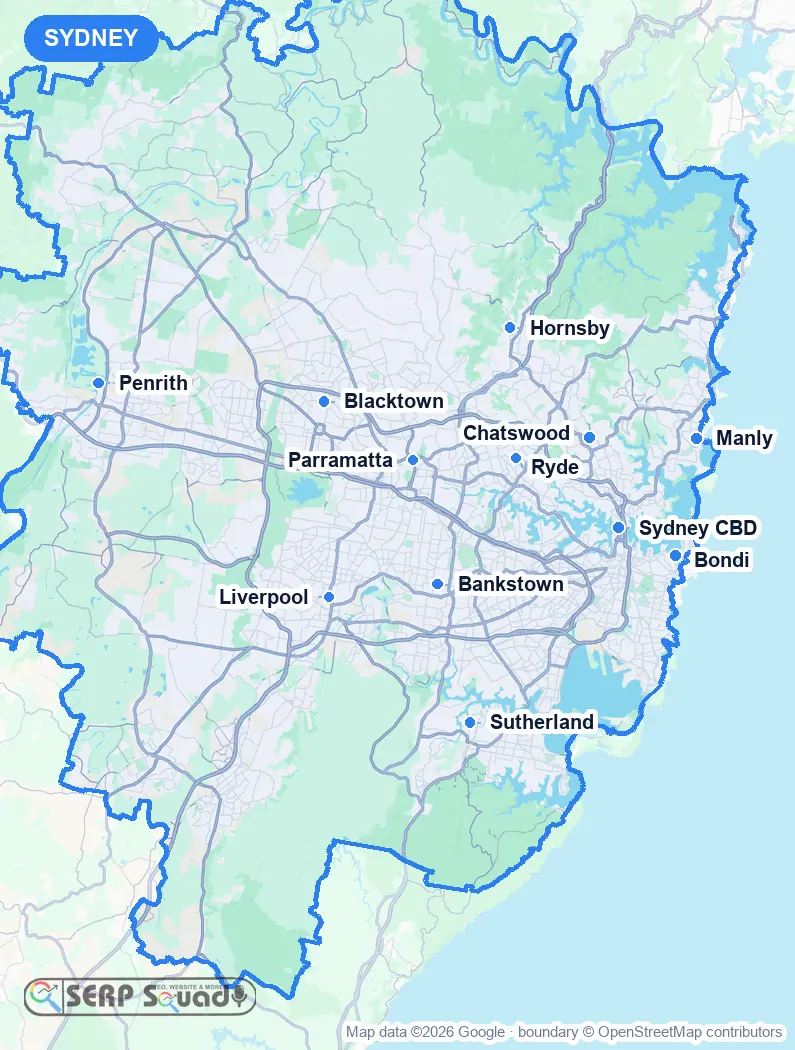 Map of Sydney, Australia, marking the 12 cities where we run local SEO campaigns