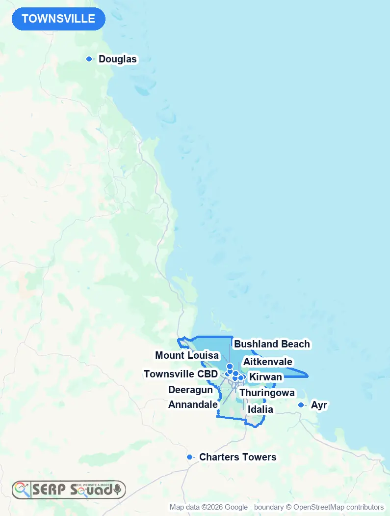 Map of Townsville, Australia, marking the 12 cities where we run local SEO campaigns