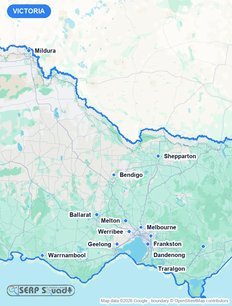 Map of Victoria, Australia, marking the 12 cities where we run local SEO campaigns