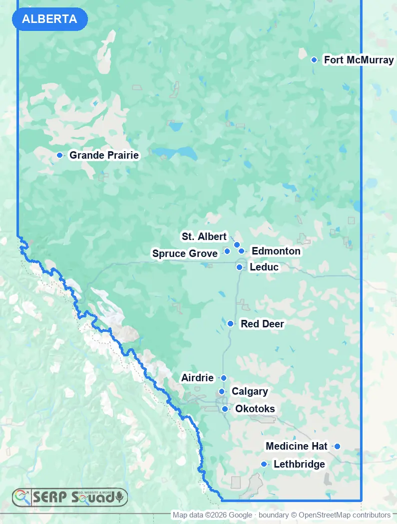 Map of Alberta, Canada, marking the 12 cities where we run local SEO campaigns