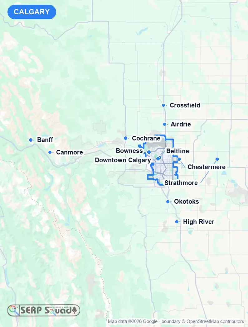 Map of Calgary, Canada, marking the 12 cities where we run local SEO campaigns