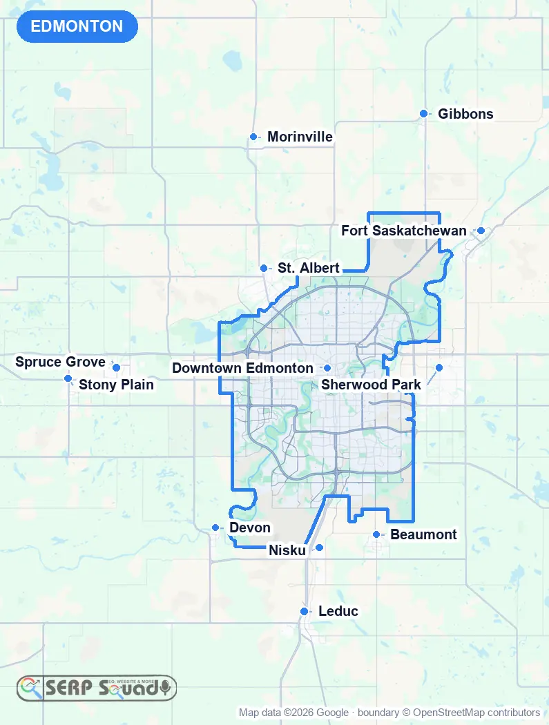 Map of Edmonton, Canada, marking the 12 cities where we run local SEO campaigns