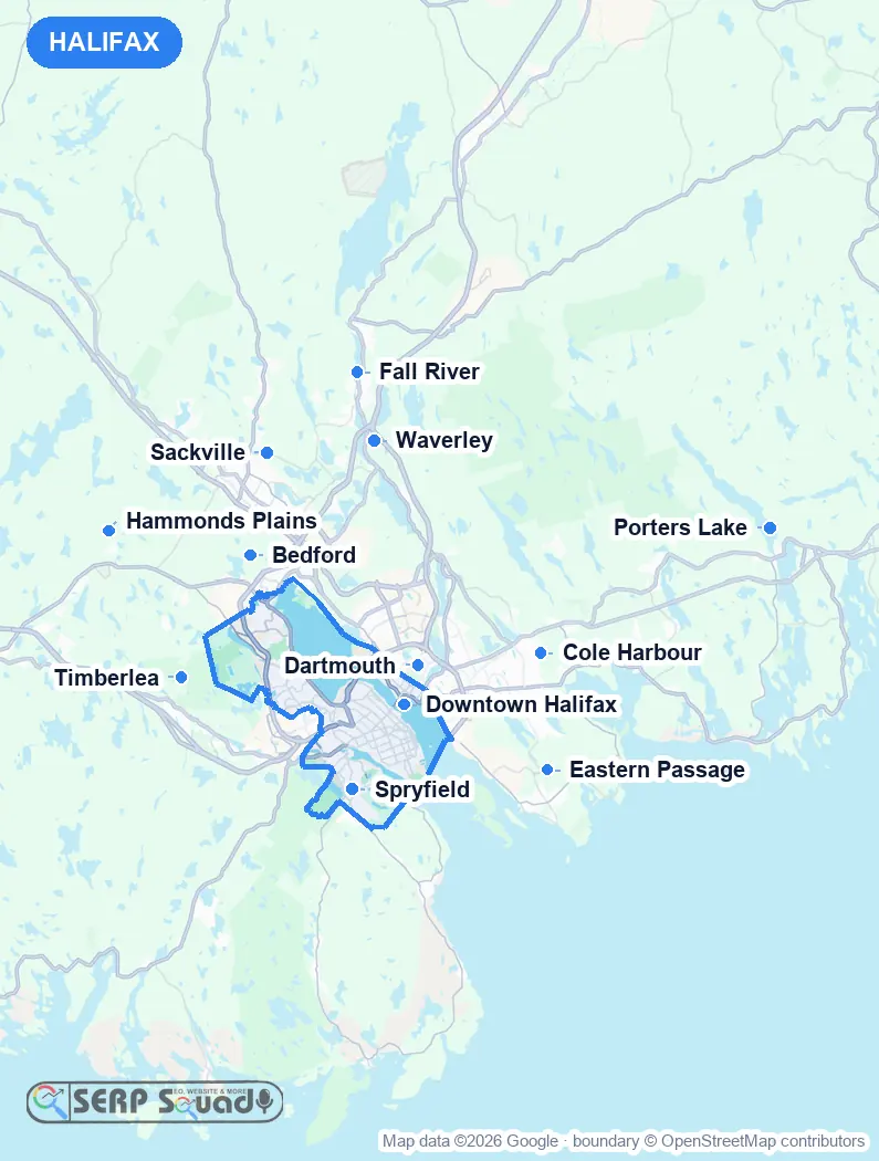 Map of Halifax, Canada, marking the 12 cities where we run local SEO campaigns