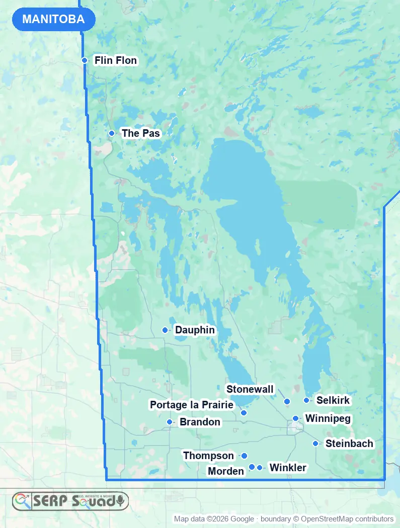 Map of Manitoba, Canada, marking the 12 cities where we run local SEO campaigns
