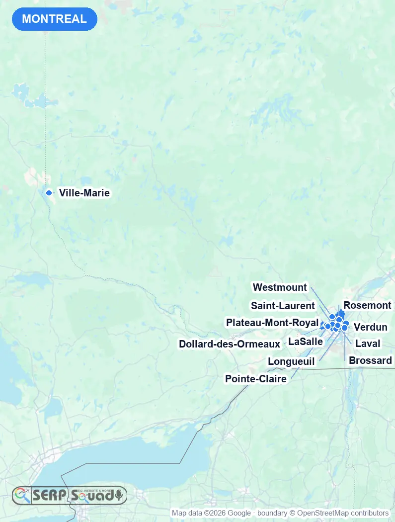 Map of Montreal, Canada, marking the 12 cities where we run local SEO campaigns