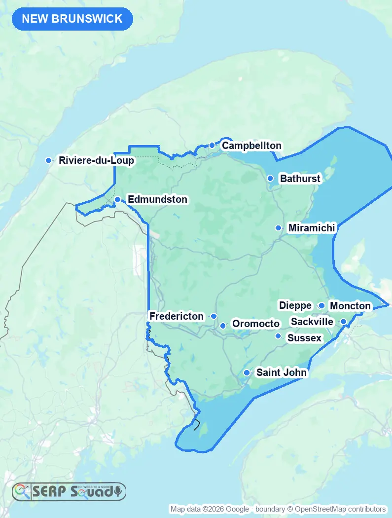 Map of New Brunswick, Canada, marking the 12 cities where we run local SEO campaigns
