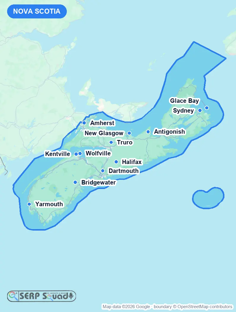 Map of Nova Scotia, Canada, marking the 12 cities where we run local SEO campaigns