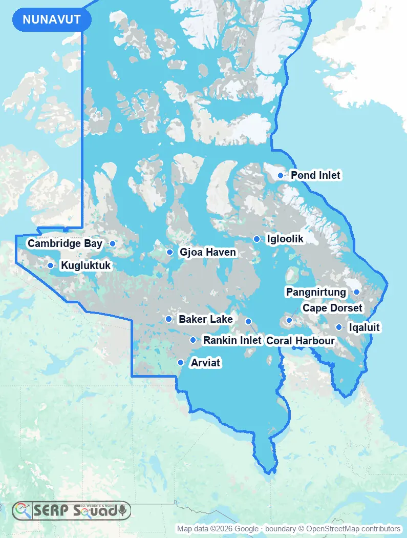 Map of Nunavut, Canada, marking the 12 cities where we run local SEO campaigns