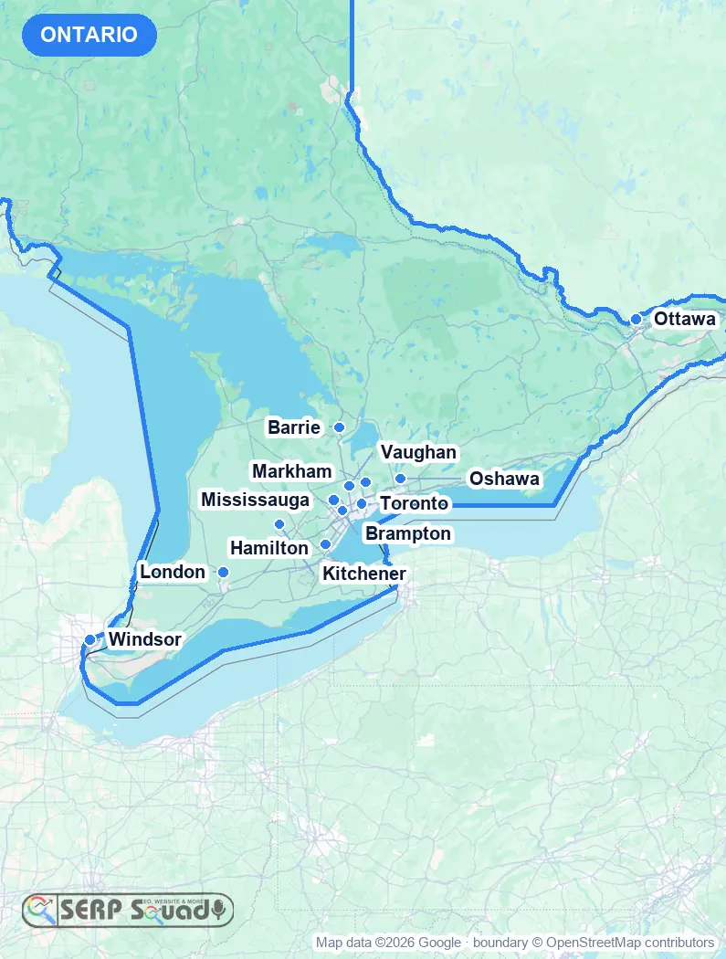 Map of Ontario, Canada, marking the 12 cities where we run local SEO campaigns