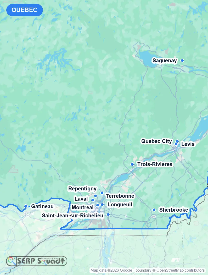 Map of Quebec, Canada, marking the 12 cities where we run local SEO campaigns