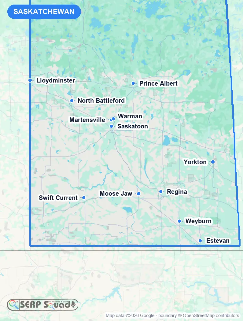 Map of Saskatchewan, Canada, marking the 12 cities where we run local SEO campaigns