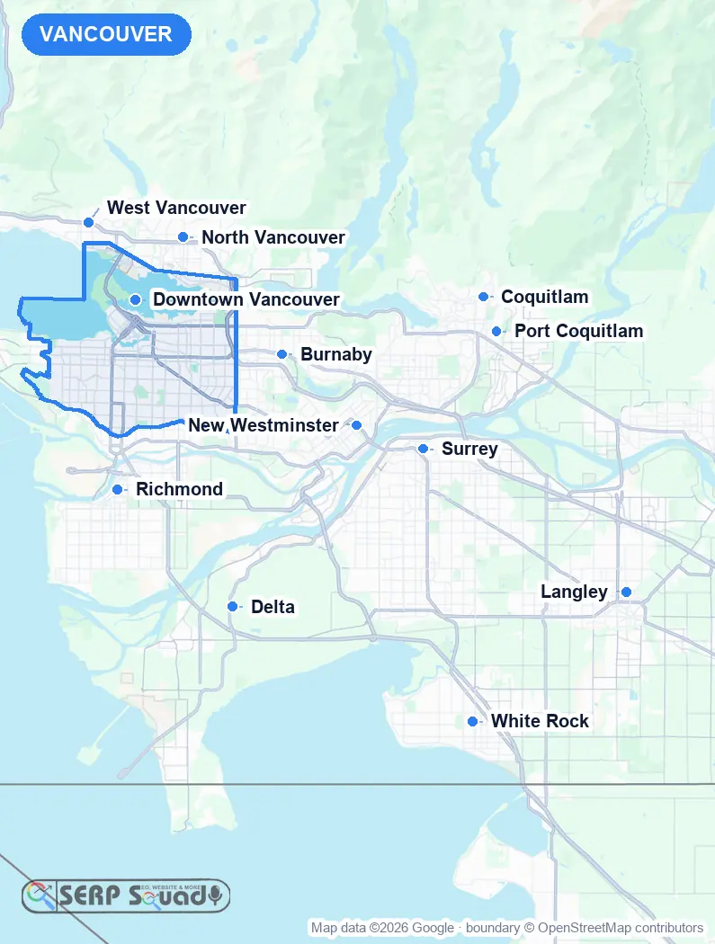 Map of Vancouver, Canada, marking the 12 cities where we run local SEO campaigns