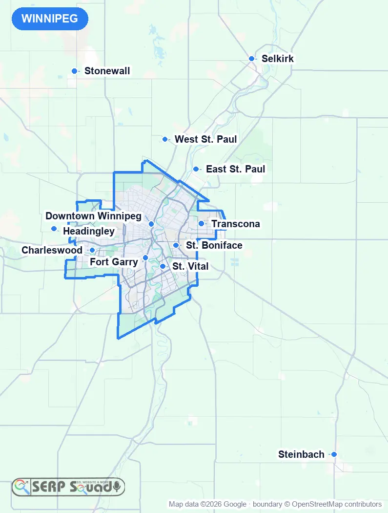 Map of Winnipeg, Canada, marking the 12 cities where we run local SEO campaigns
